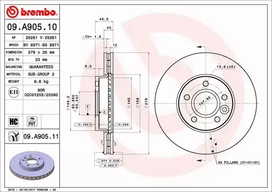 BREMBO TARCZE HAMULCOWE PRZÓD 09.A905.11 