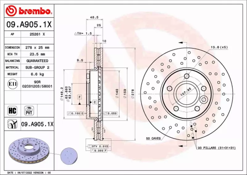 BREMBO TARCZA HAMULCOWA 09.A905.1X 