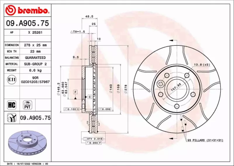 BREMBO TARCZA HAMULCOWA 09.A905.75 