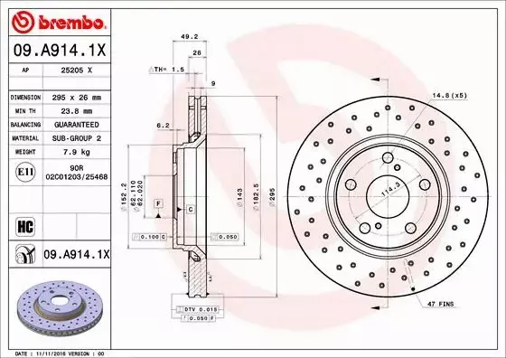 BREMBO TARCZE HAMULCOWE PRZÓD 09.A914.1X 