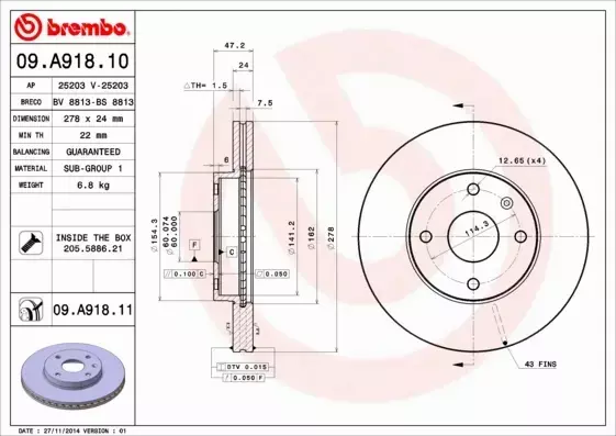 BREMBO TARCZE HAMULCOWE PRZÓD 09.A918.11 