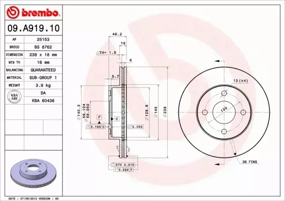 BREMBO TARCZE HAMULCOWE PRZÓD 09.A919.10 