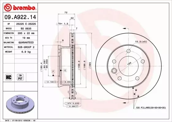 BREMBO TARCZE HAMULCOWE PRZÓD 09.A922.14 