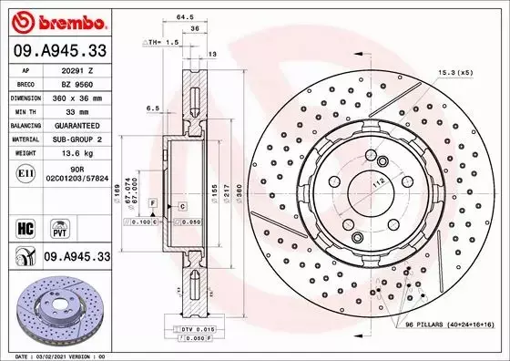 BREMBO TARCZA HAMULCOWA 09.A945.33 