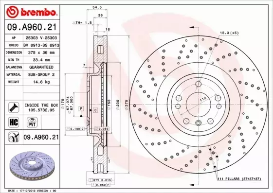 BREMBO TARCZE HAMULCOWE PRZÓD 09.A960.21 