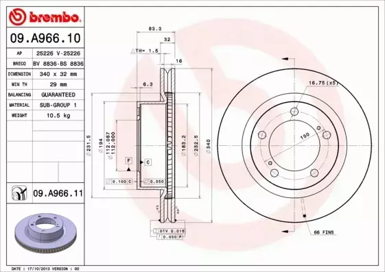 BREMBO Tarcza hamulcowa 09.A966.10 