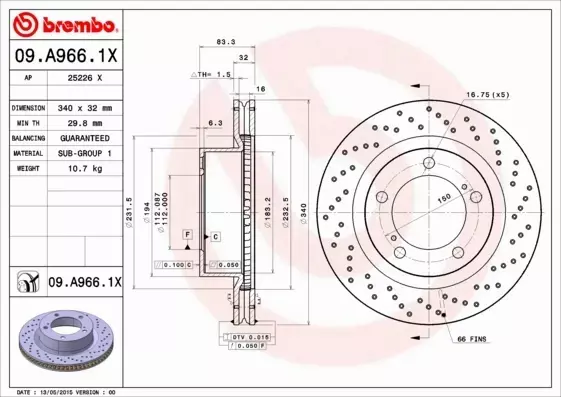 BREMBO TARCZE HAMULCOWE PRZÓD 09.A966.1X 