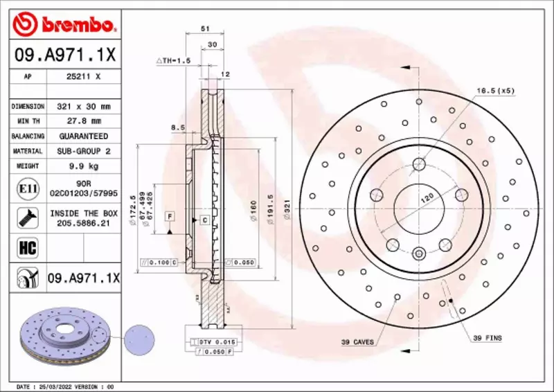 BREMBO TARCZA HAMULCOWA 09.A971.1X 