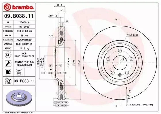 BREMBO TARCZE HAMULCOWE PRZÓD 09.B038.11 