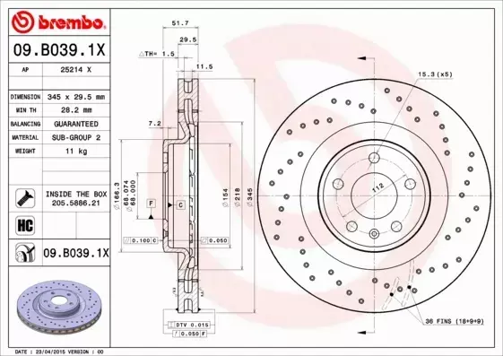 BREMBO TARCZE HAMULCOWE PRZÓD 09.B039.1X 