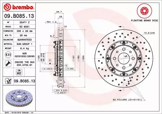 BREMBO TARCZE+KLOCKI PRZÓD ABARTH 595 695 305MM 