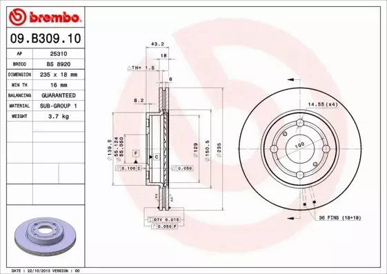 BREMBO TARCZE+KLOCKI PRZÓD TOYOTA YARIS P1 235MM 