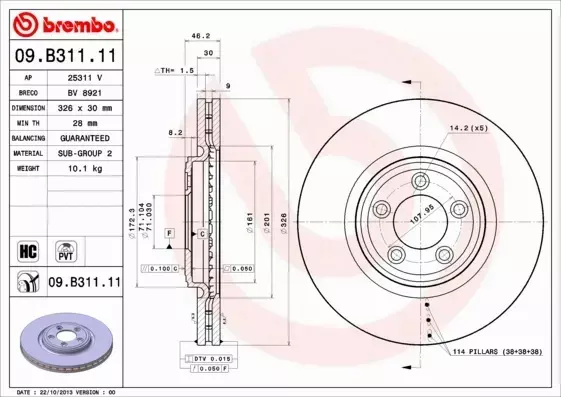 BREMBO TARCZE+KLOCKI PRZÓD JAGUAR XF X250 326MM 