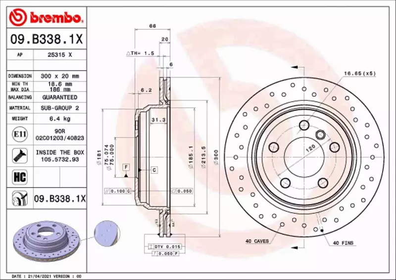 BREMBO TARCZA HAMULCOWA 09.B338.1X 