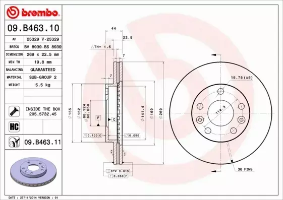 BREMBO TARCZE HAMULCOWE PRZÓD 09.B463.11 