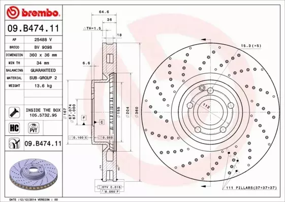 BREMBO TARCZE HAMULCOWE PRZÓD 09.B474.11 