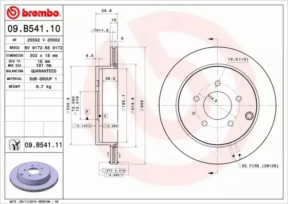 BREMBO TARCZE HAMULCOWE TYŁ 09.B541.11 