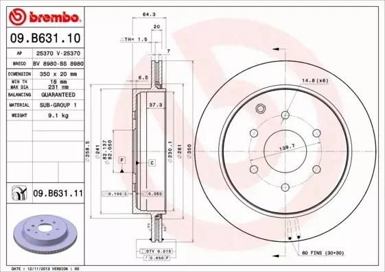 BREMBO TARCZE HAMULCOWE TYŁ 09.B631.11 