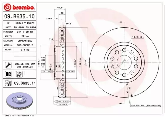 BREMBO TARCZE+KLOCKI PRZÓD SEAT ALHAMBRA II 314MM 