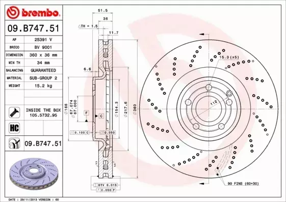 BREMBO TARCZE HAMULCOWE PRZÓD 09.B747.51 