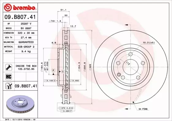 BREMBO TARCZE HAMULCOWE PRZÓD 09.B807.41 