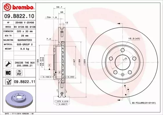 BREMBO TARCZE HAMULCOWE PRZÓD 09.B822.11 