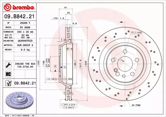 BREMBO Tarcza hamulcowa 09.B842.21 