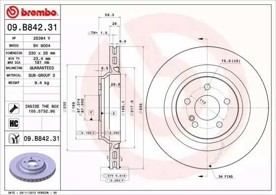 BREMBO TARCZE HAMULCOWE TYŁ 09.B842.31 