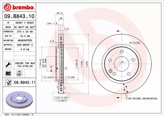 BREMBO TARCZE HAMULCOWE PRZÓD 09.B843.11 