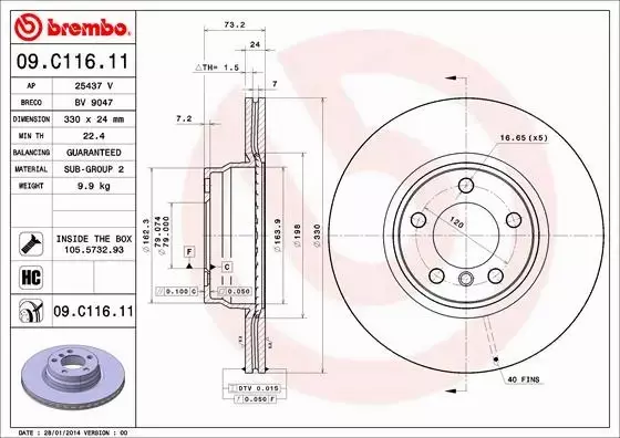 BREMBO TARCZE HAMULCOWE PRZÓD 09.C116.11 