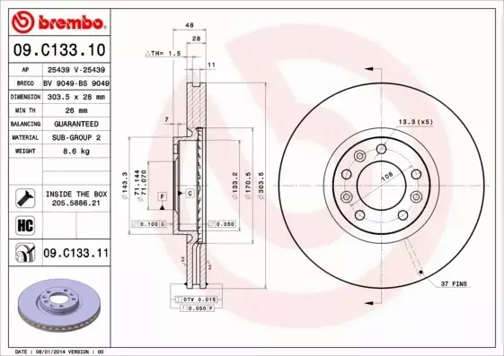 BREMBO TARCZE+KLOCKI PRZÓD PEUGEOT 308 II 304MM 