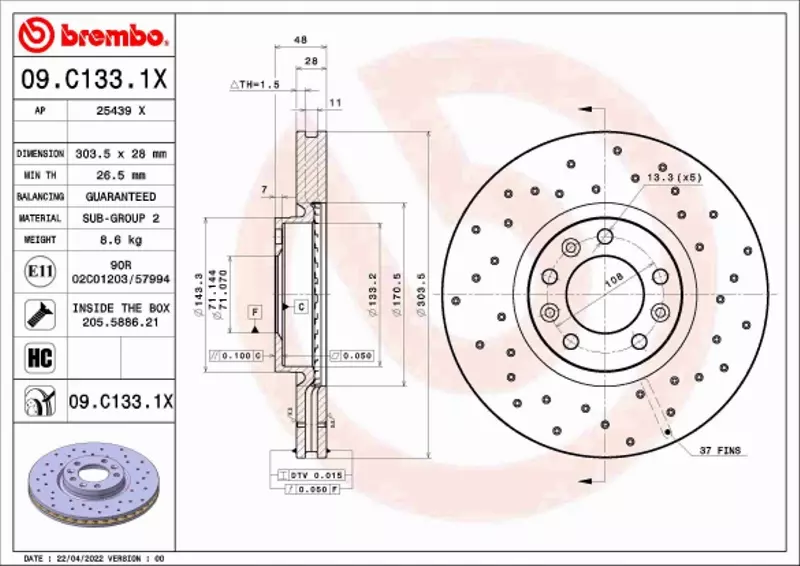 BREMBO TARCZA HAMULCOWA 09.C133.1X 