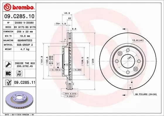 BREMBO TARCZE HAMULCOWE PRZÓD 09.C285.11 