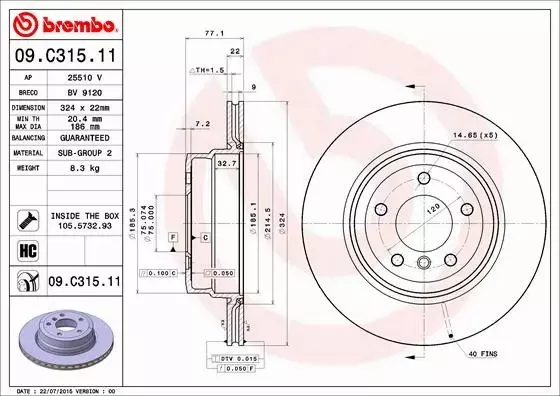 BREMBO TARCZE HAMULCOWE TYŁ 09.C315.11 