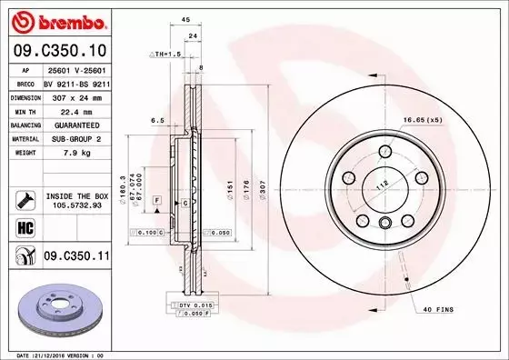 BREMBO TARCZE HAMULCOWE PRZÓD 09.C350.11 