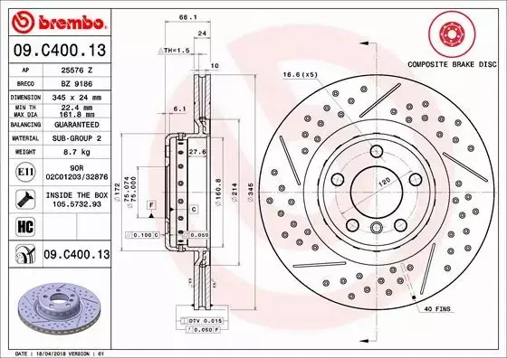 BREMBO TARCZE HAMULCOWE TYŁ 09.C400.13 