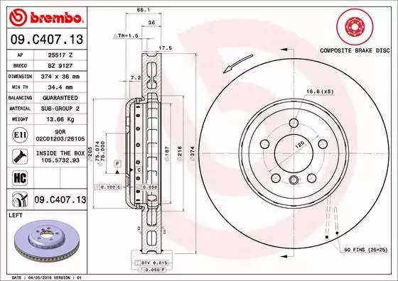 BREMBO TARCZA HAMULCOWA 09.C407.13 