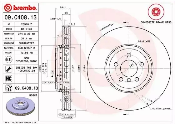 BREMBO TARCZA HAMULCOWA 09.C408.13 