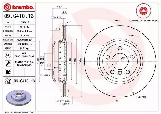 BREMBO TARCZE HAMULCOWE PRZÓD 09.C410.13 