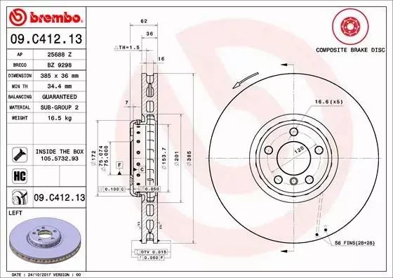 BREMBO TARCZE HAMULCOWE PRZÓD 09.C412.13 