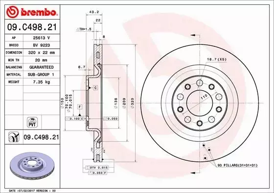 BREMBO TARCZE HAMULCOWE TYŁ 09.C498.21 