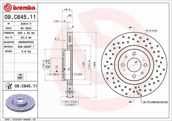 BREMBO TARCZE+KLOCKI PRZÓD FIAT 500 ABARTH 284MM 