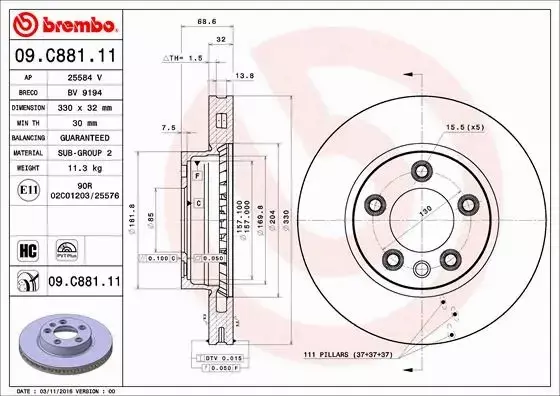 BREMBO TARCZE+KLOCKI P PORSCHE CAYENNE 9P 330MM 