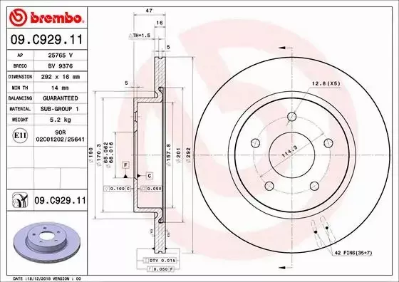 BREMBO TARCZE+KLOCKI TYŁ NISSAN LEAF ZE1 292MM 