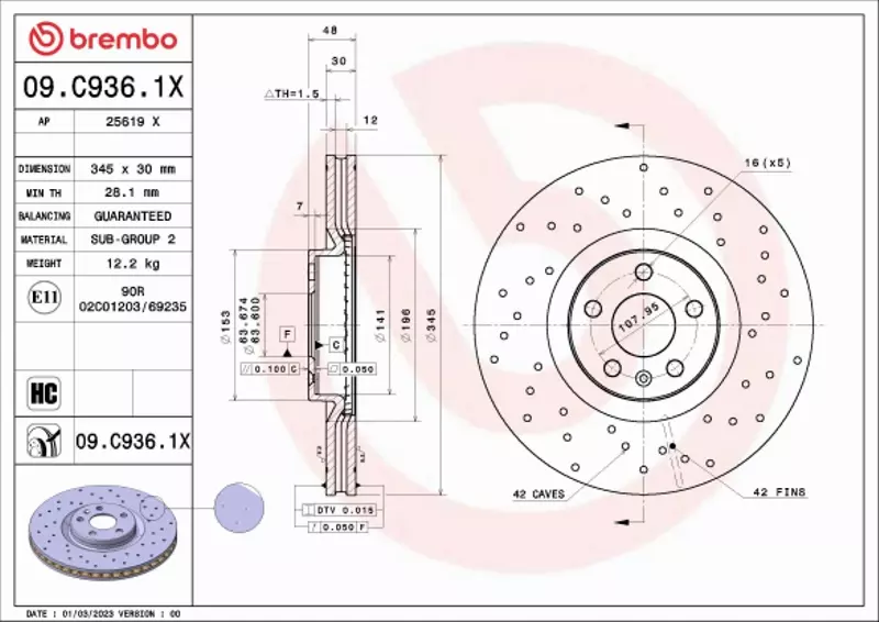 BREMBO TARCZA HAMULCOWA 09.C936.1X 