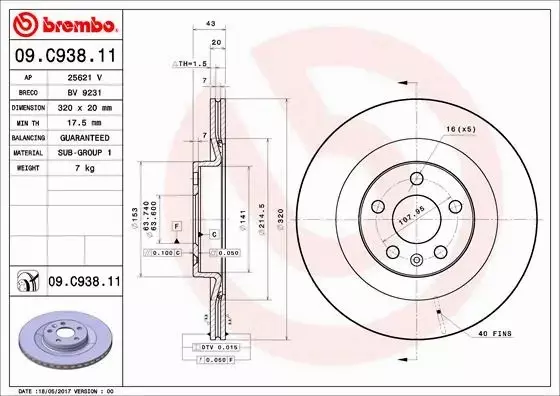 BREMBO TARCZE HAMULCOWE TYŁ 09.C938.11 