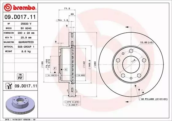 BREMBO TARCZE HAMULCOWE PRZÓD 09.D017.11 