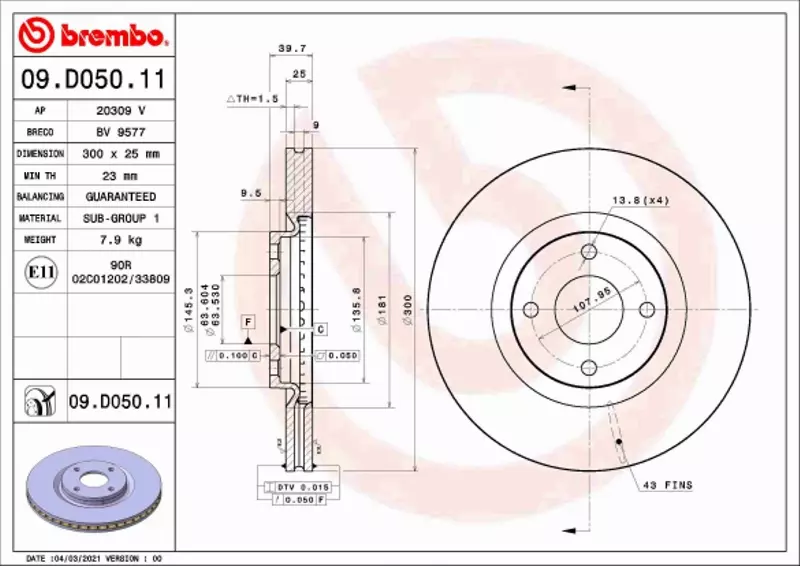 BREMBO TARCZA HAMULCOWA 09.D050.11 