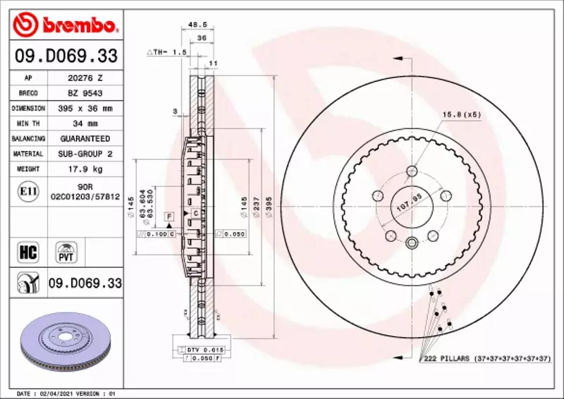 BREMBO TARCZE+KLOCKI PRZÓD RANGE ROVER VELAR 395MM 