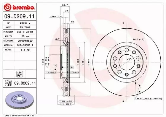 BREMBO TARCZA HAMULCOWA 09.D209.11 